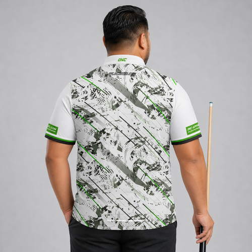 Back view of the Men and Youth Fatum Manus White custom pool shirt, showing space for custom player names and team graphics.