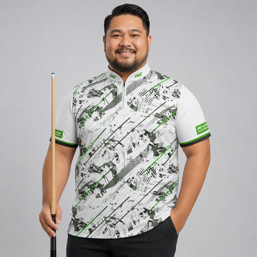 Front view of the Men and Youth Fatum Manus White custom pool shirt, featuring a premium personalized performance design.