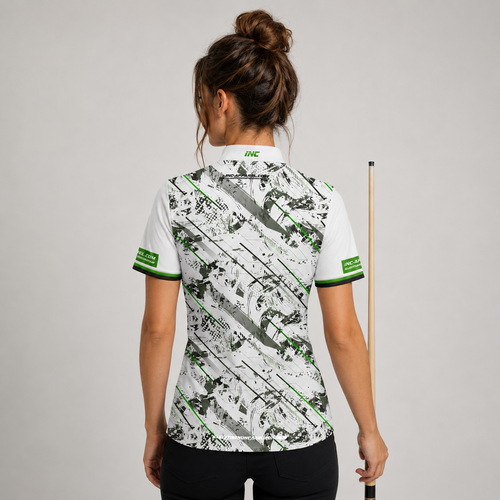 Back view of the Womens Fatum Manus White custom pool shirt, showing space for custom player names and team graphics.