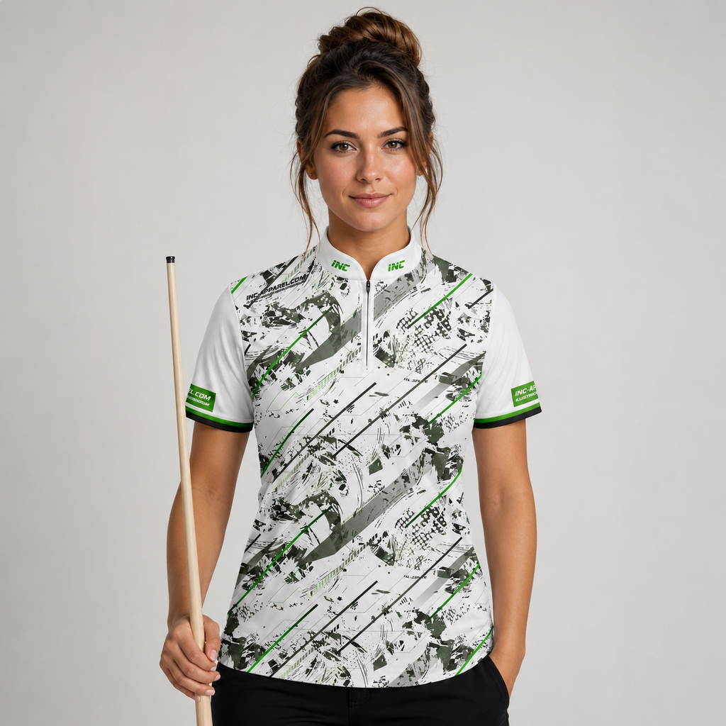 Front view of the Womens Fatum Manus White custom pool shirt, featuring a premium personalized performance design.