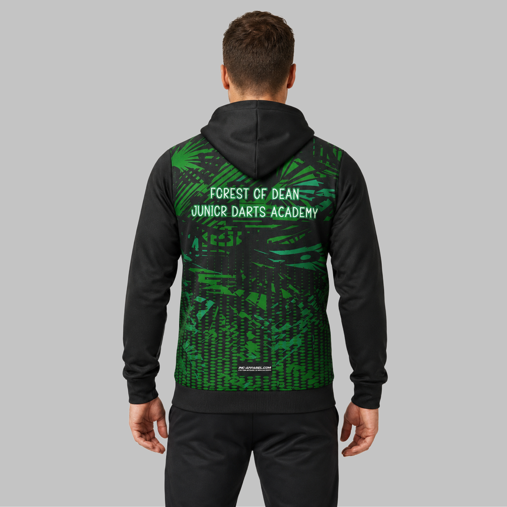 Back view of the unisex Forest of Dean Junior Darts Academy Hoodie, showcasing the clean fit and double-lined hood architecture.