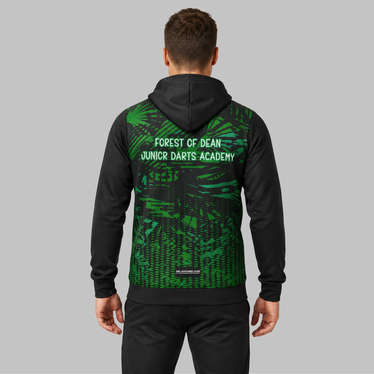 Back view of the unisex Forest of Dean Junior Darts Academy Hoodie, showcasing the clean fit and double-lined hood architecture.
