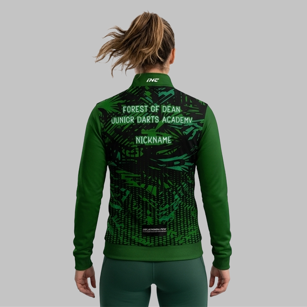 Back view of the unisex Forest of Dean Junior Darts Academy Quarter Zip Midlayer, showcasing the clean athletic silhouette and flexible shoulder construction.