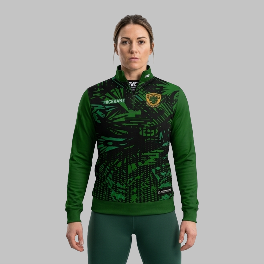 Front view of the unisex Forest of Dean Junior Darts Academy Quarter Zip Midlayer, highlighting the athletic team styling, stand-up collar, and official academy crest.