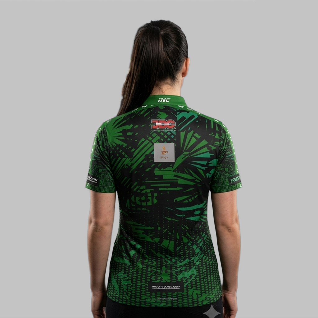 Back view of the Women's Forest of Dean Junior Darts Academy Shirt, showcasing the seamless flow of the sublimated academy design across the shoulders.