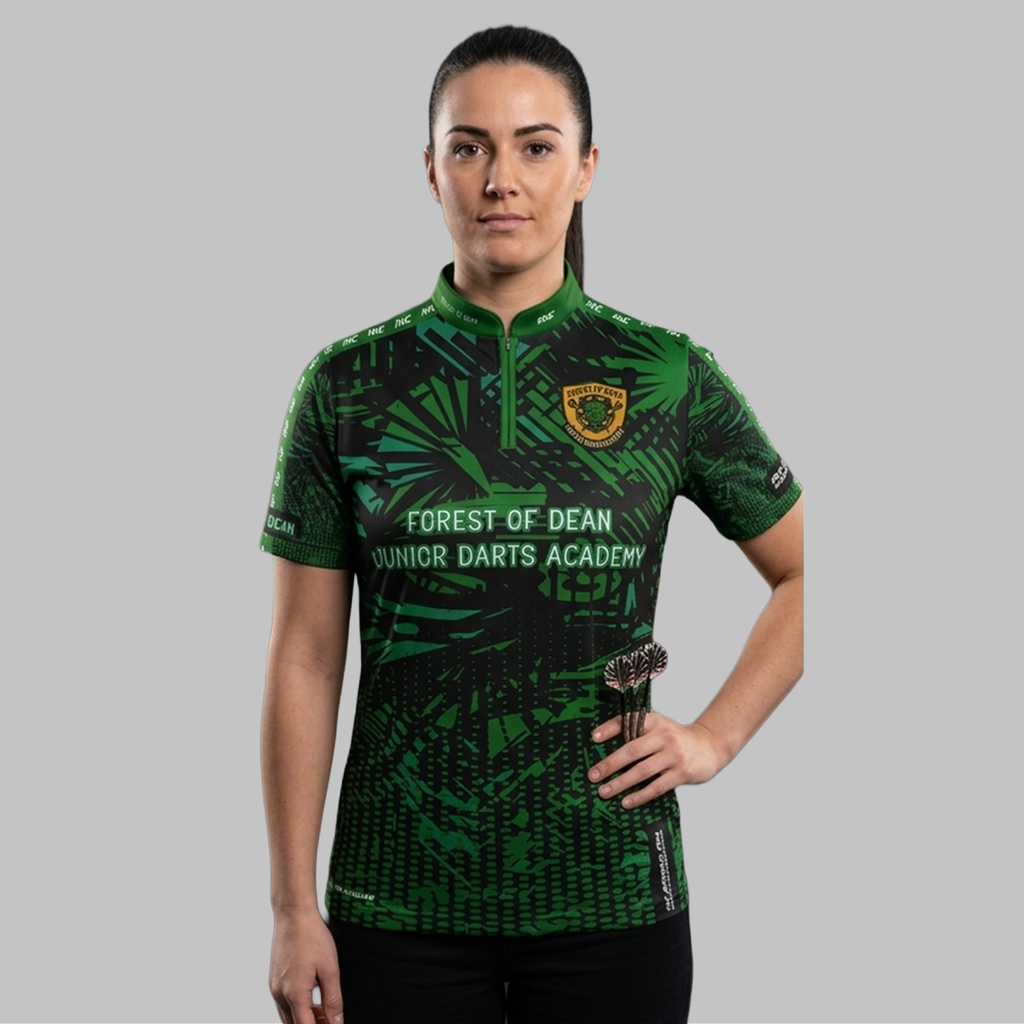 Front view of the Women's Forest of Dean Junior Darts Academy Shirt, showing the custom-contoured athletic fit and official academy crest on the chest.