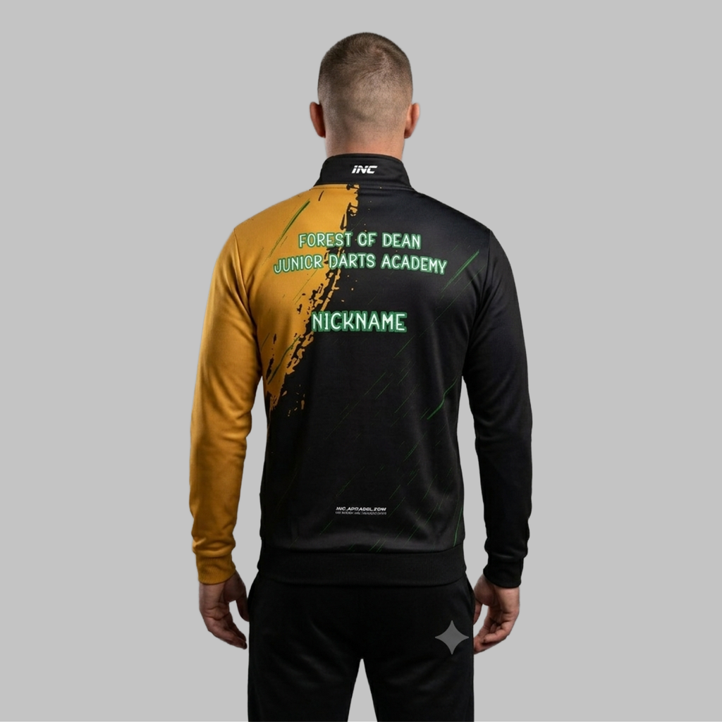 Back view of the unisex Forest of Dean Junior Darts Academy Tournament Jacket, showing the clean team color panels and comfortable outer-shell design across the shoulders.