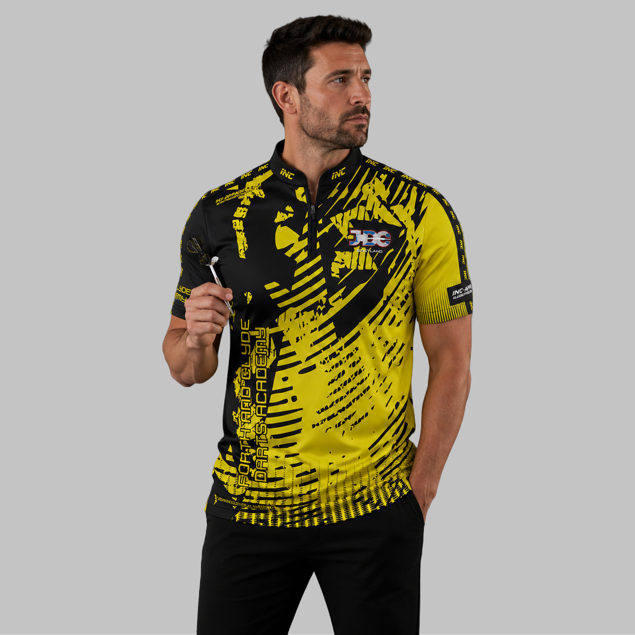 Front view of the Men and Youth Forth and Clyde Darts Academy Darts Shirt, showing the vibrant academy colors, professional athletic collar, and official crest.
