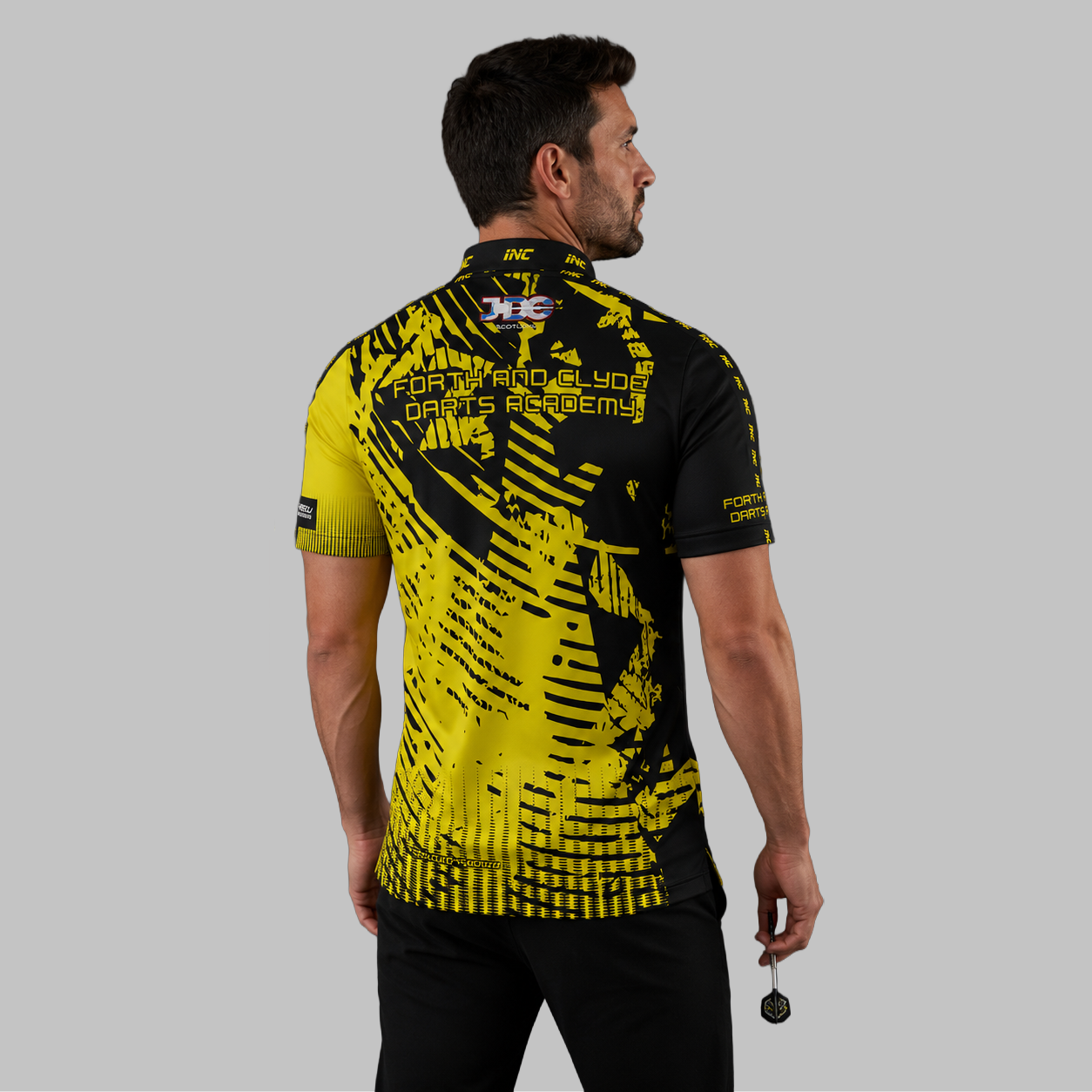 Back view of the Men and Youth Forth and Clyde Darts Academy Darts Shirt, showcasing the clean fit and unrestricted shoulder construction.