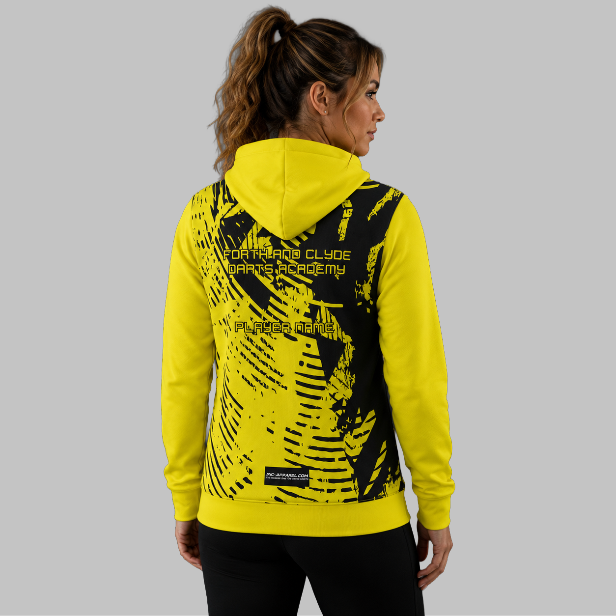 Back view of the unisex Forth and Clyde Darts Academy Hoodie, showcasing the clean fit and double-lined hood architecture.