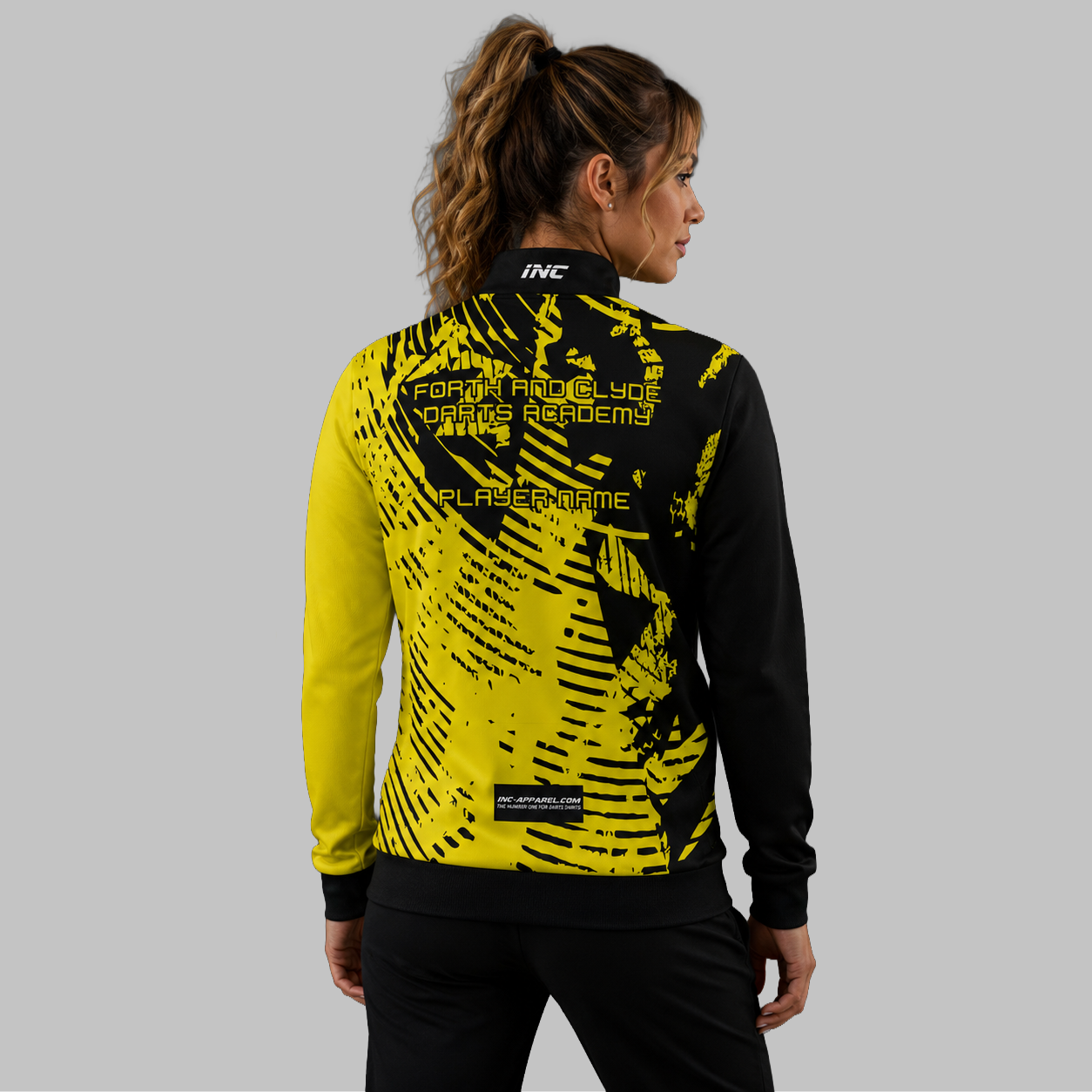 Back view of the unisex Forth and Clyde Darts Academy Tournament Jacket, showing the clean team color panels and comfortable outer-shell design across the shoulders.