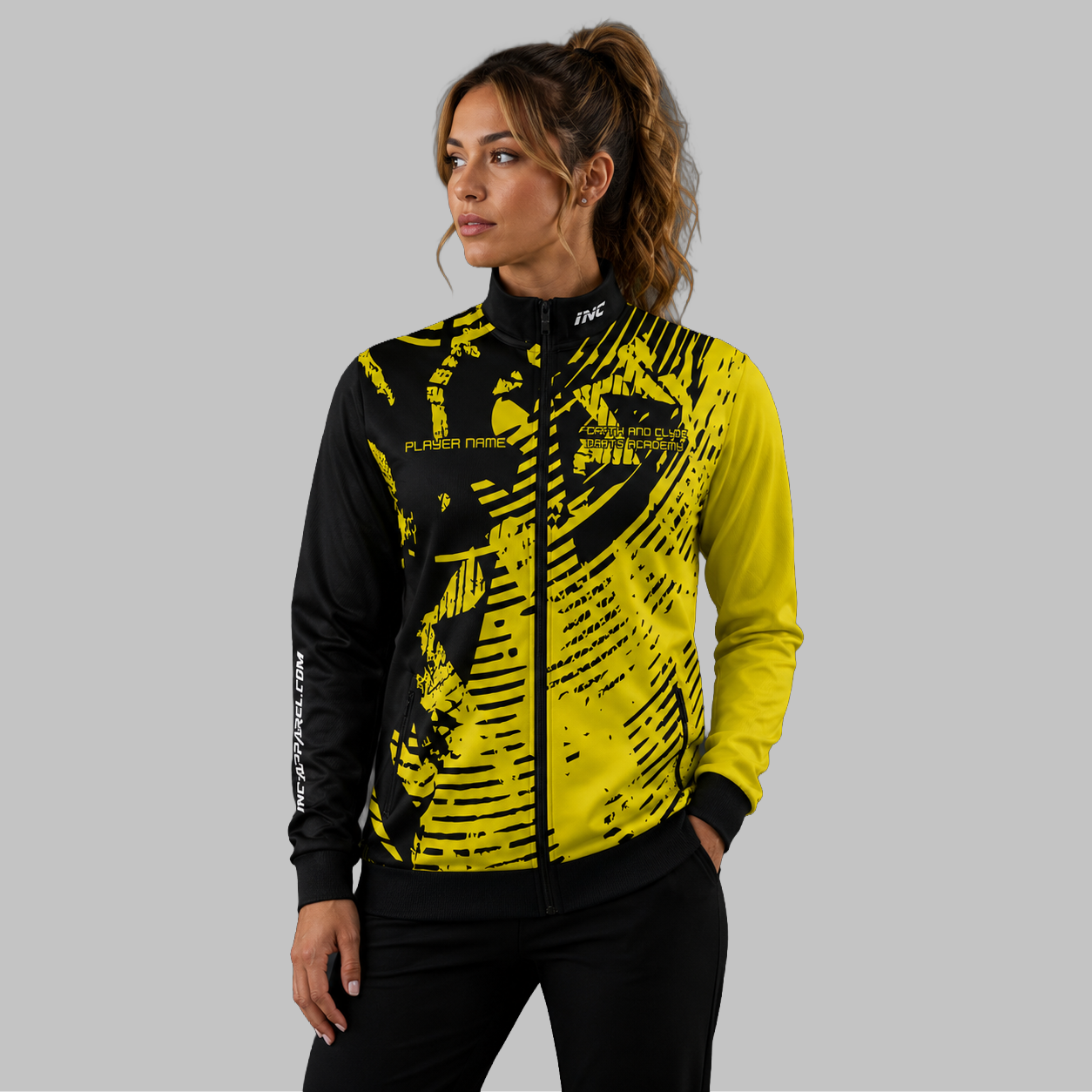 Front view of the unisex Forth and Clyde Darts Academy Tournament Jacket, highlighting the sleek full-zip design, athletic collar, and prominent official academy crest.