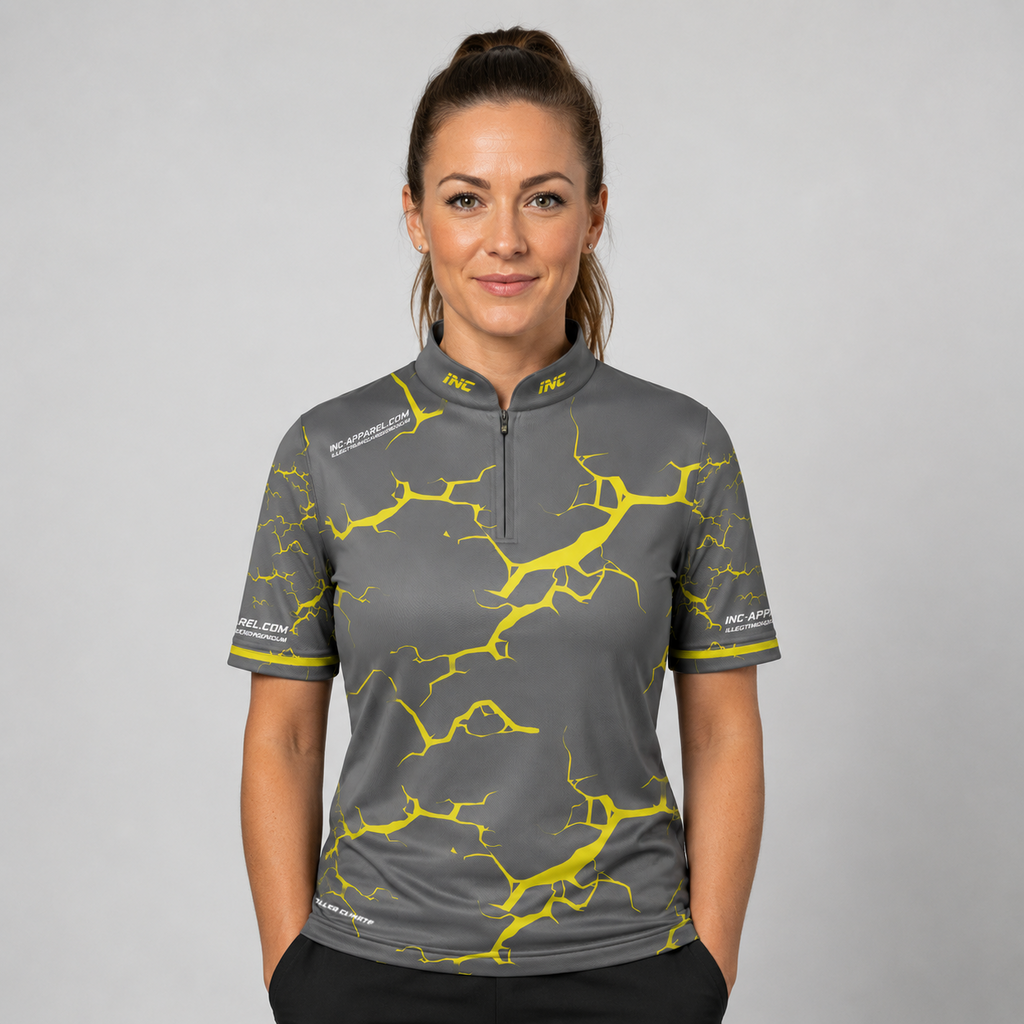 Front view of the Womens Fulmen Grey and Yellow shirt, featuring a striking athletic team design.