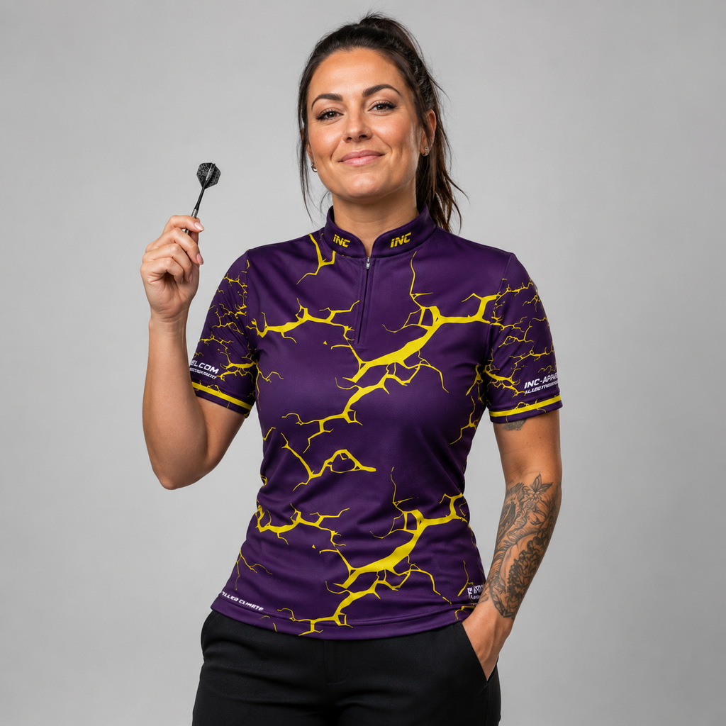 Front view of the Womens Fulmen Purple and Yellow shirt, featuring a vibrant athletic team design.