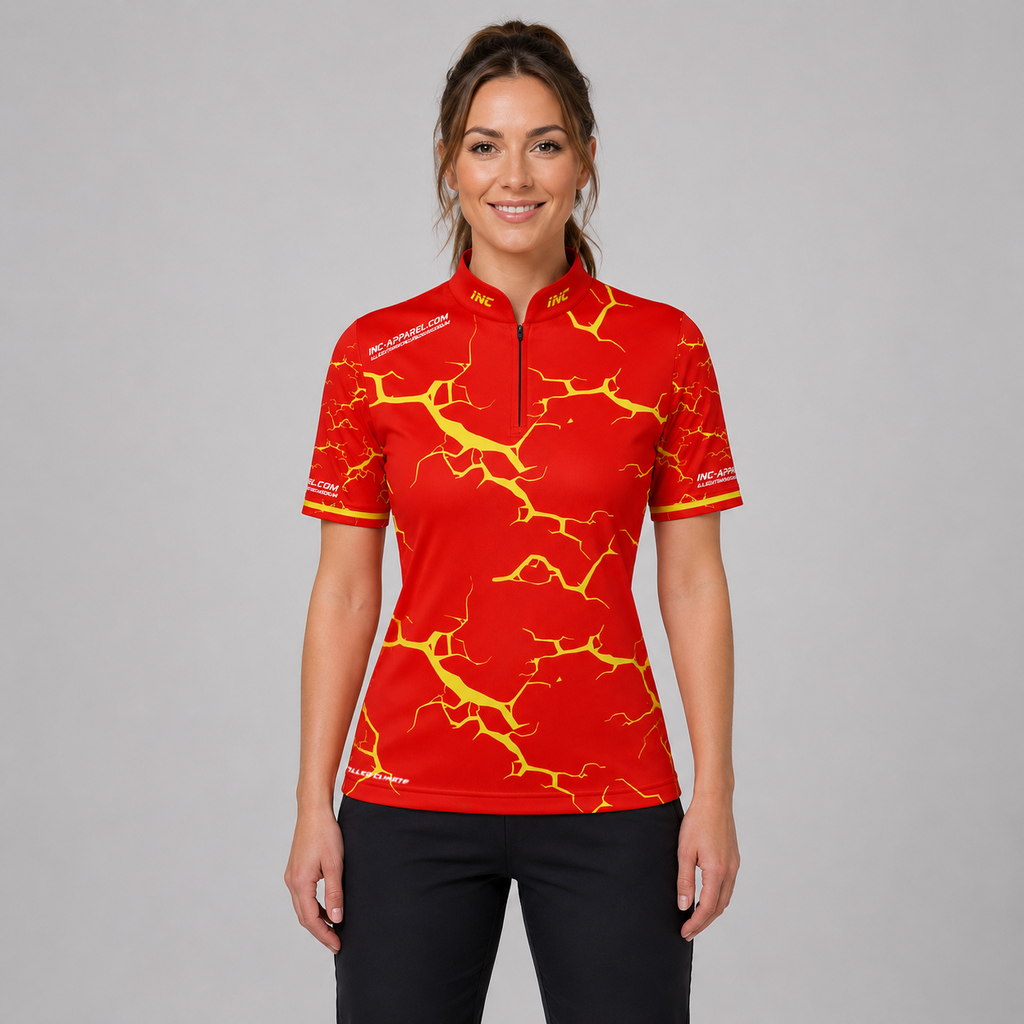Front view of the Womens Fulmen Red and Yellow shirt, featuring a vibrant athletic team design.
