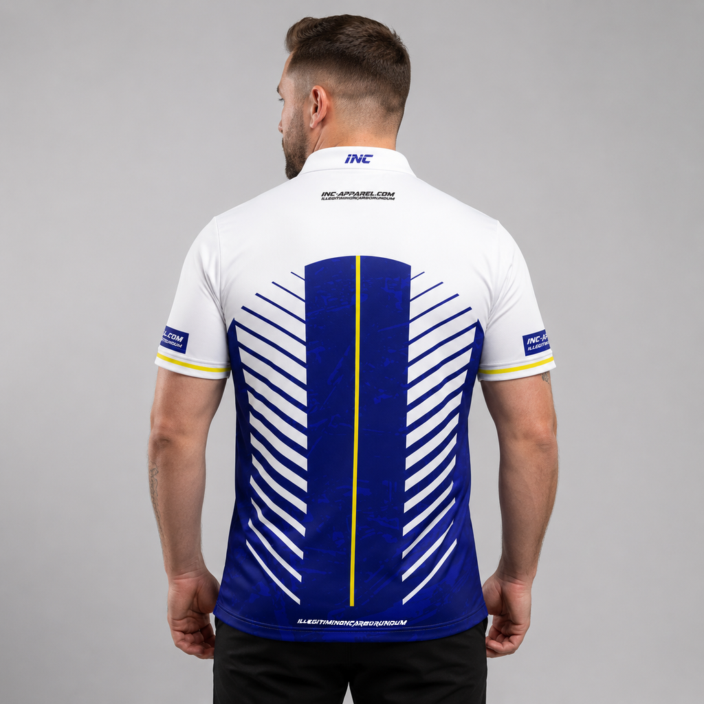 Back view of the Men and Youth Glacialis Lumen blue, white, and yellow pool shirt, showing the clean continuation of the vibrant pattern.