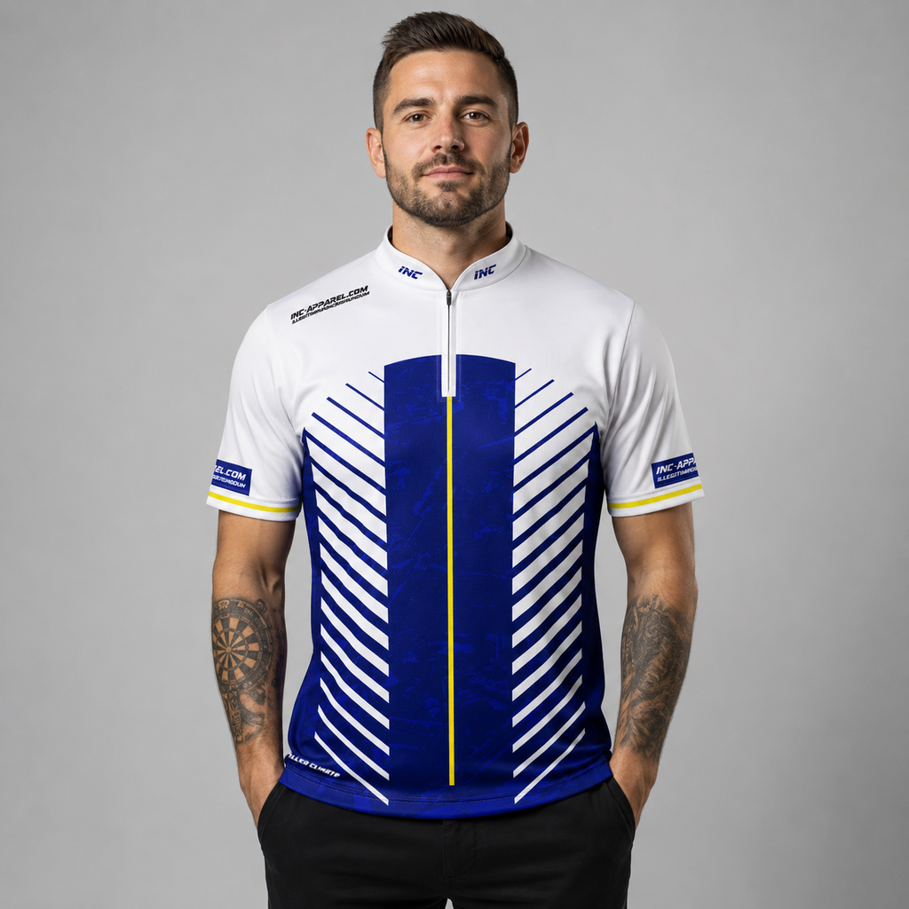 Front view of the Men and Youth Glacialis Lumen blue, white, and yellow pool shirt, featuring an athletic team jersey design.