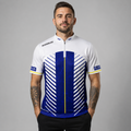 Front view of the Men and Youth Glacialis Lumen blue, white, and yellow pool shirt, featuring an athletic team jersey design.
