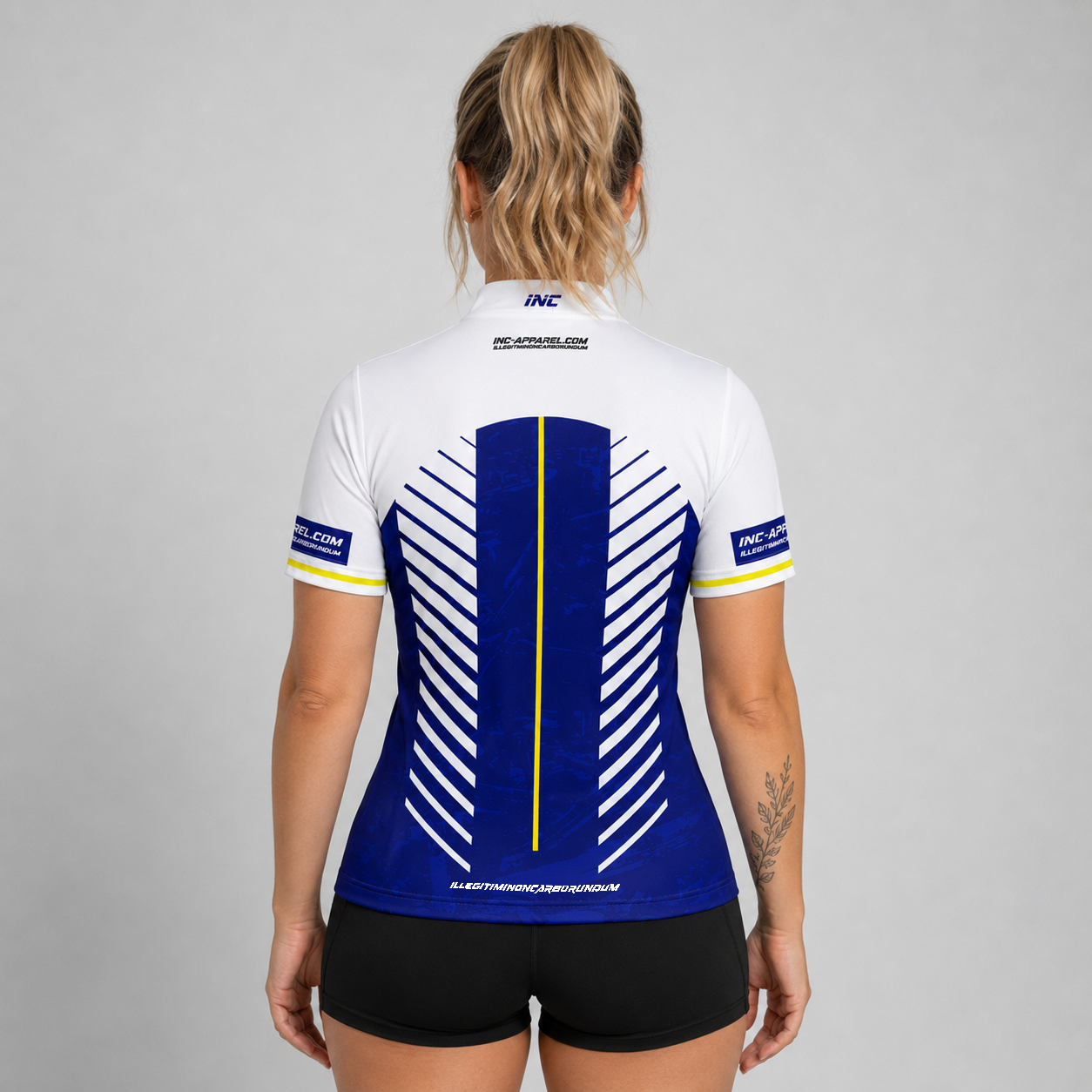 Back view of the Womens Glacialis Lumen blue, white, and yellow pool shirt, showing the vibrant pattern layout with space for customization.