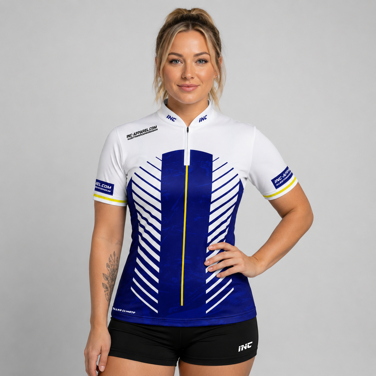 Front view of the Womens Glacialis Lumen blue, white, and yellow pool shirt, featuring a custom tailored performance design.