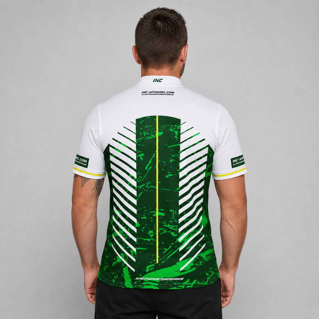 Back view of the Men and Youth Glacialis Lumen green, white, and yellow pool shirt, showing the clean continuation of the vibrant pattern.