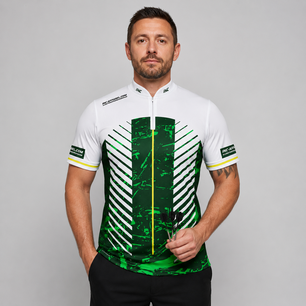 Front view of the Men and Youth Glacialis Lumen green, white, and yellow pool shirt, featuring an athletic team jersey design.