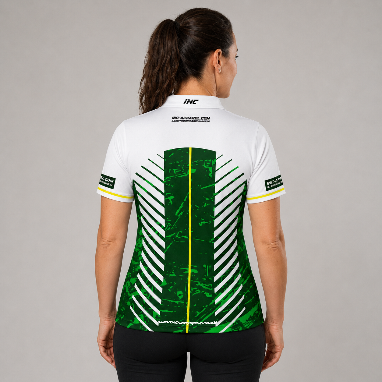 Back view of the Womens Glacialis Lumen green, white, and yellow pool shirt, showing the vibrant pattern layout with space for customization.