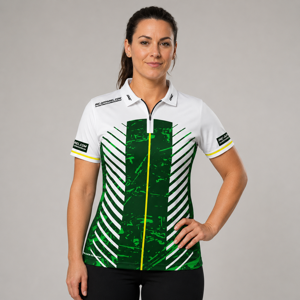 Front view of the Womens Glacialis Lumen green, white, and yellow pool shirt, featuring a custom tailored performance design.