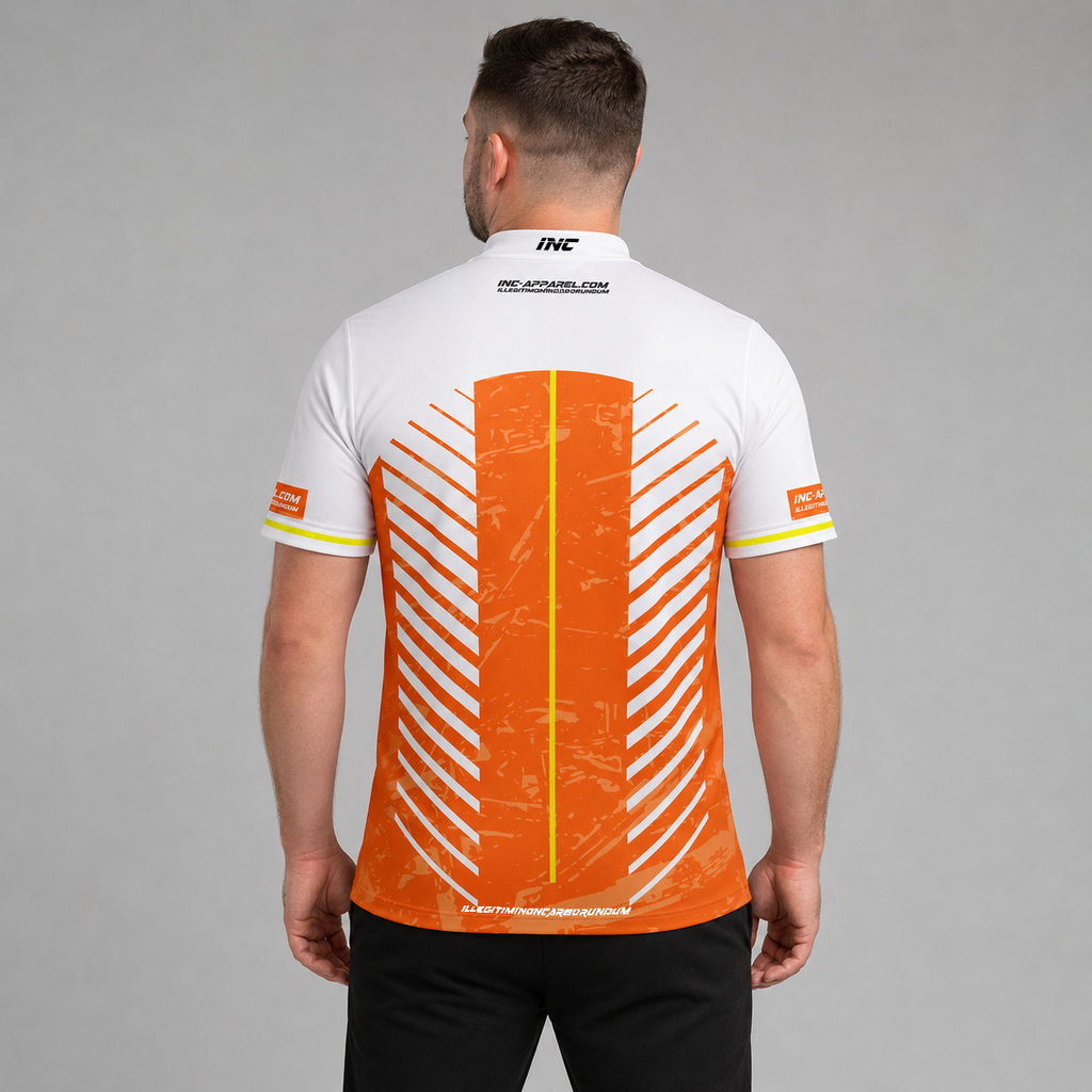 Back view of the Men and Youth Glacialis Lumen orange, white, and yellow pool shirt, showing the clean continuation of the vibrant pattern.