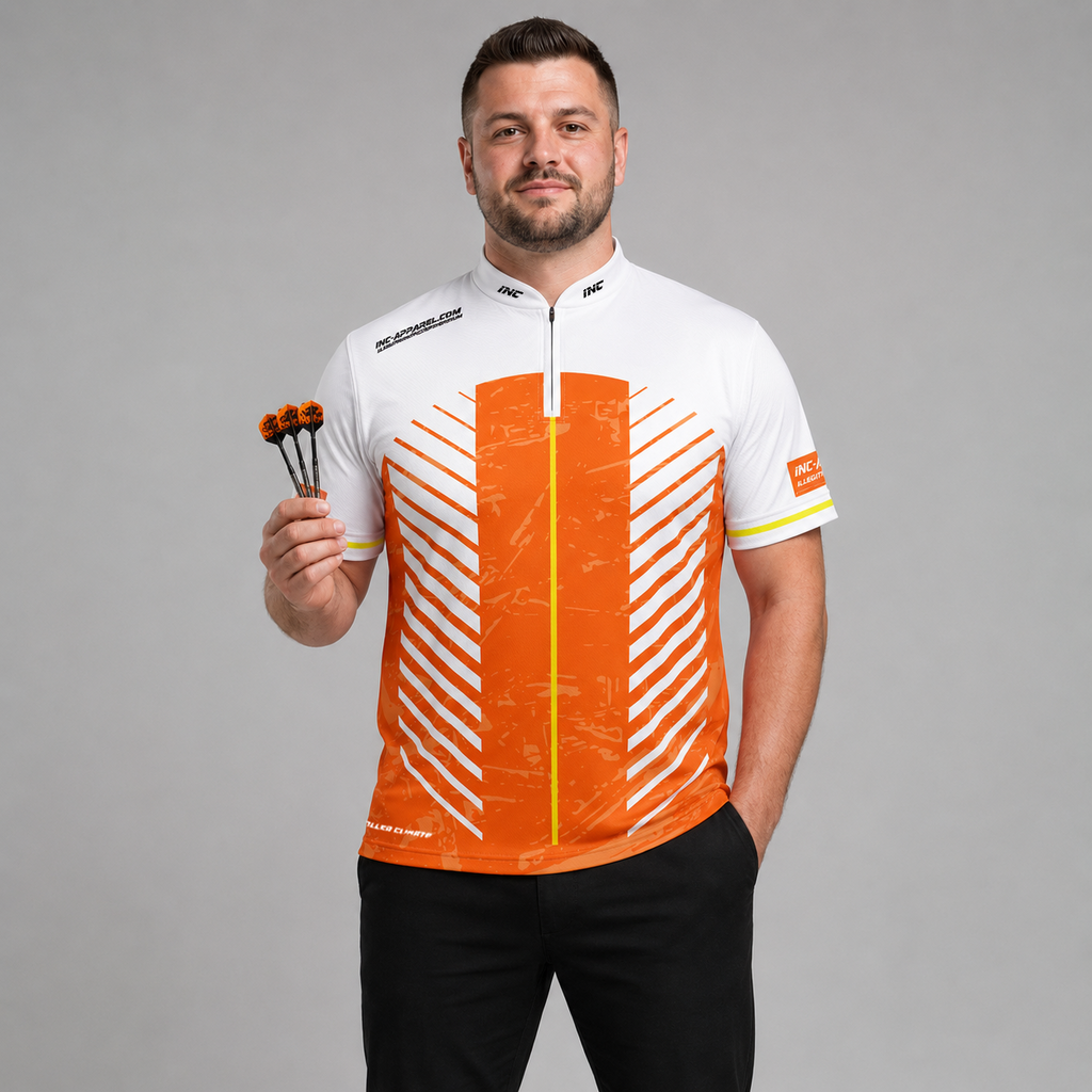 Front view of the Men and Youth Glacialis Lumen orange, white, and yellow pool shirt, featuring an athletic team jersey design.