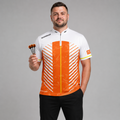 Front view of the Men and Youth Glacialis Lumen orange, white, and yellow pool shirt, featuring an athletic team jersey design.
