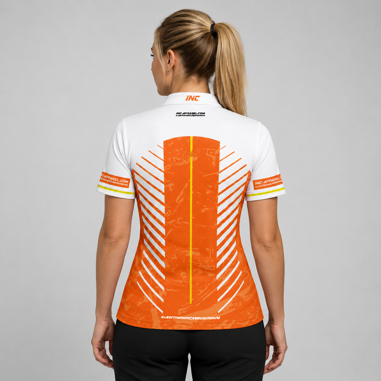 Back view of the Womens Glacialis Lumen orange, white, and yellow pool shirt, showing the vibrant pattern layout with space for customization