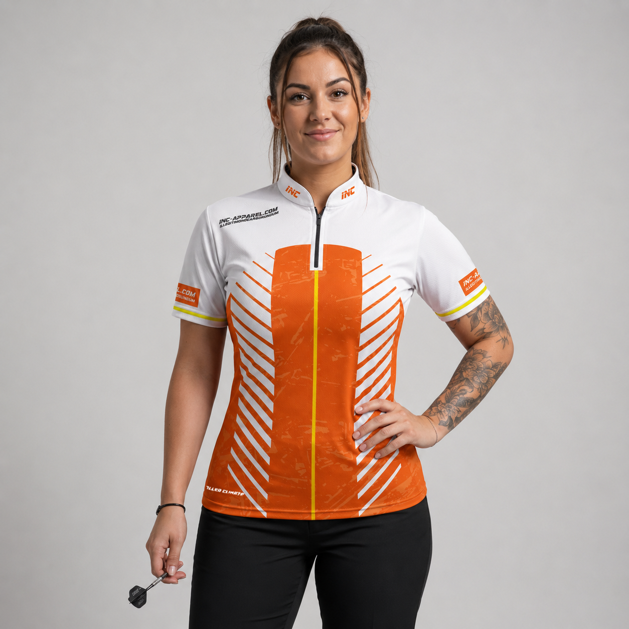 Front view of the Womens Glacialis Lumen orange, white, and yellow pool shirt, featuring a custom tailored performance design.