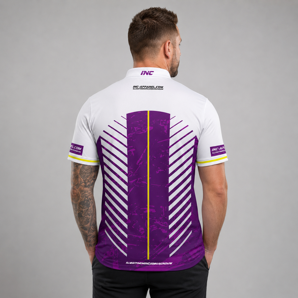 Back view of the Men and Youth Glacialis Lumen purple, white, and yellow pool shirt, showing the clean continuation of the vibrant pattern.