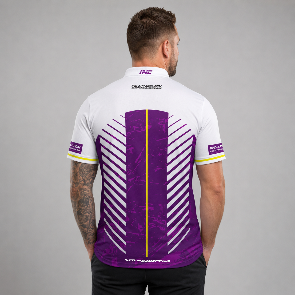 Back view of the Men and Youth Glacialis Lumen purple, white, and yellow pool shirt, showing the clean continuation of the vibrant pattern.