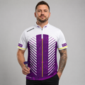 Front view of the Men and Youth Glacialis Lumen purple, white, and yellow pool shirt, featuring an athletic team jersey design.