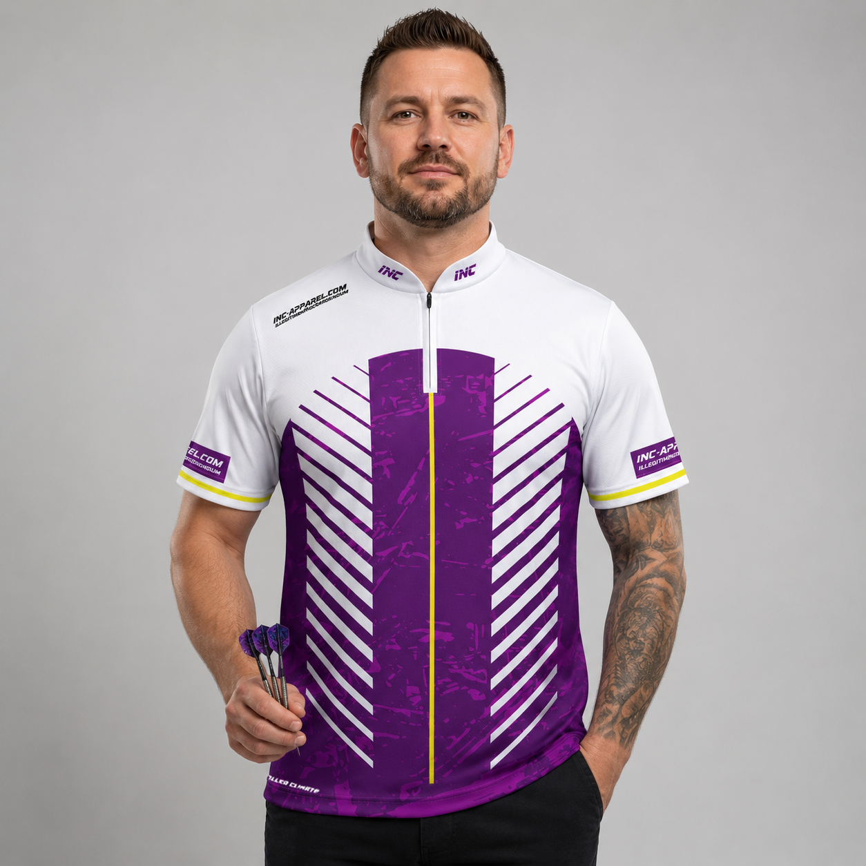 Front view of the Men and Youth Glacialis Lumen purple, white, and yellow pool shirt, featuring an athletic team jersey design.