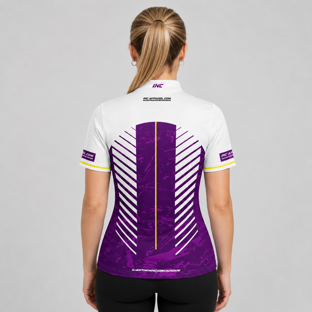 Back view of the Womens Glacialis Lumen purple, white, and yellow pool shirt, showing the vibrant pattern layout with space for customization.