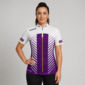 Front view of the Womens Glacialis Lumen purple, white, and yellow pool shirt, featuring a custom tailored performance design.
