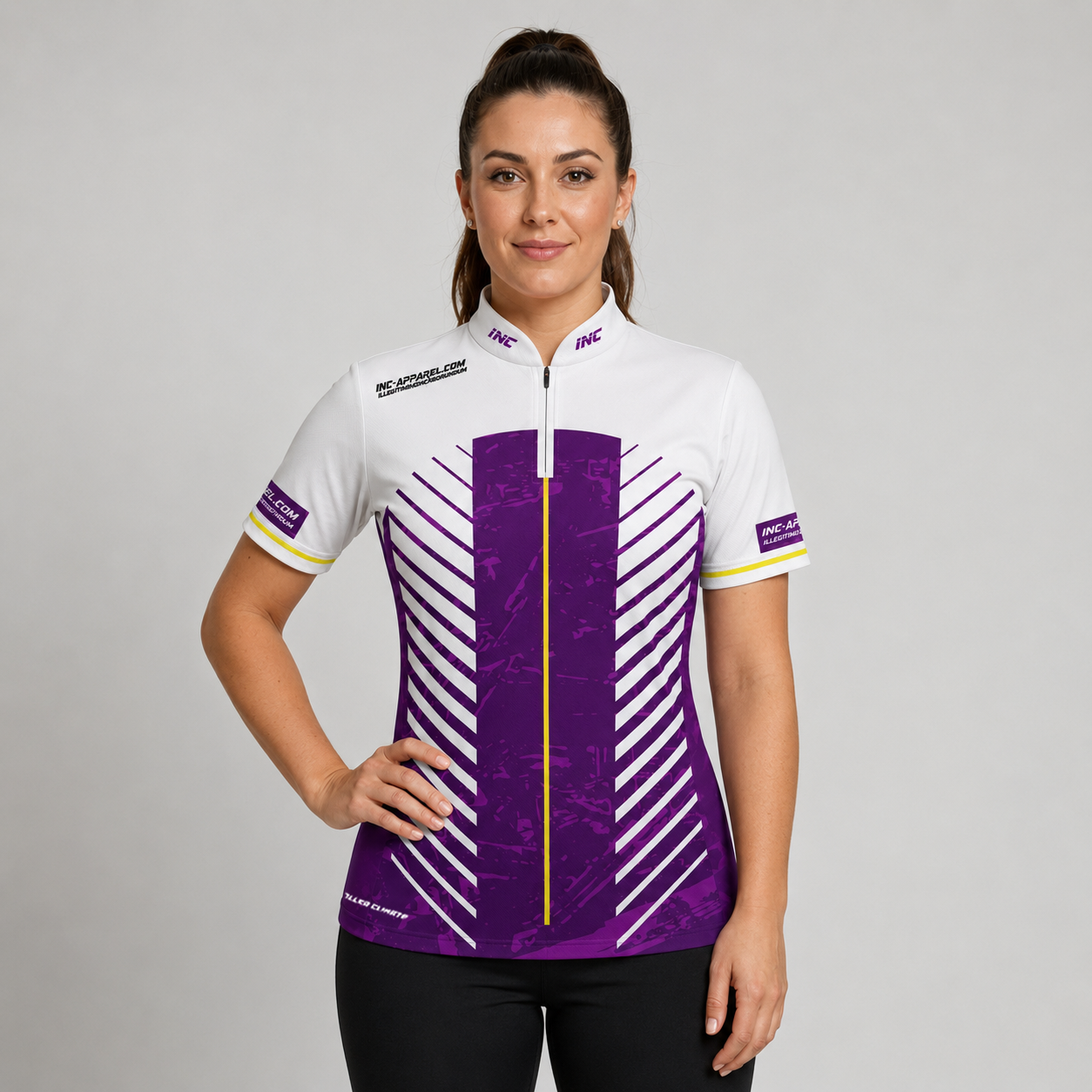 Front view of the Womens Glacialis Lumen purple, white, and yellow pool shirt, featuring a custom tailored performance design.