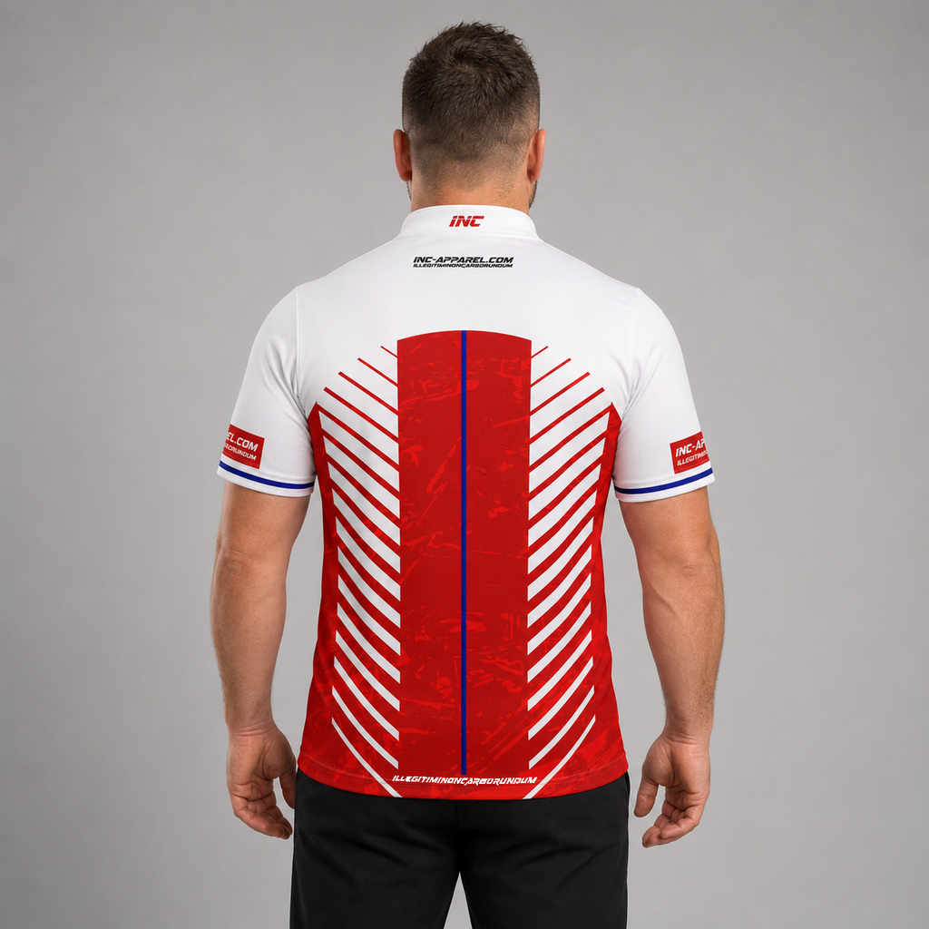 Back view of the Men and Youth Glacialis Lumen red, white, and blue pool shirt, showing the clean continuation of the vibrant pattern.