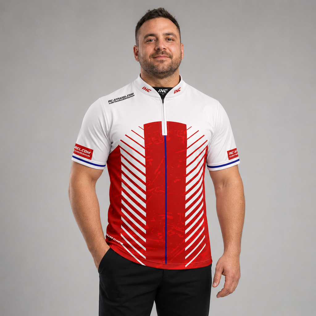 Front view of the Men and Youth Glacialis Lumen red, white, and blue pool shirt, featuring an athletic team jersey design.