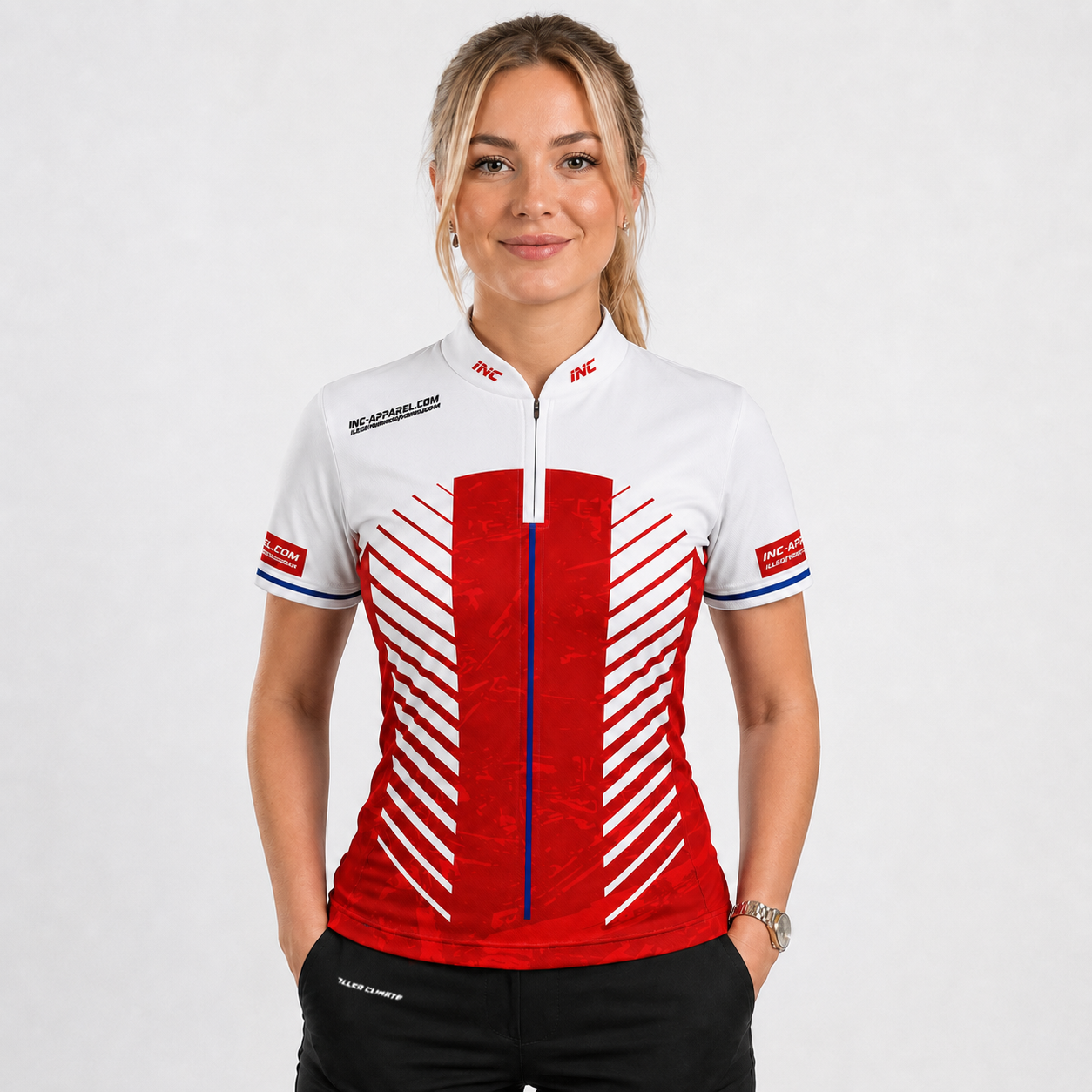 Front view of the Womens Glacialis Lumen red, white, and blue pool shirt, featuring a custom tailored performance design.