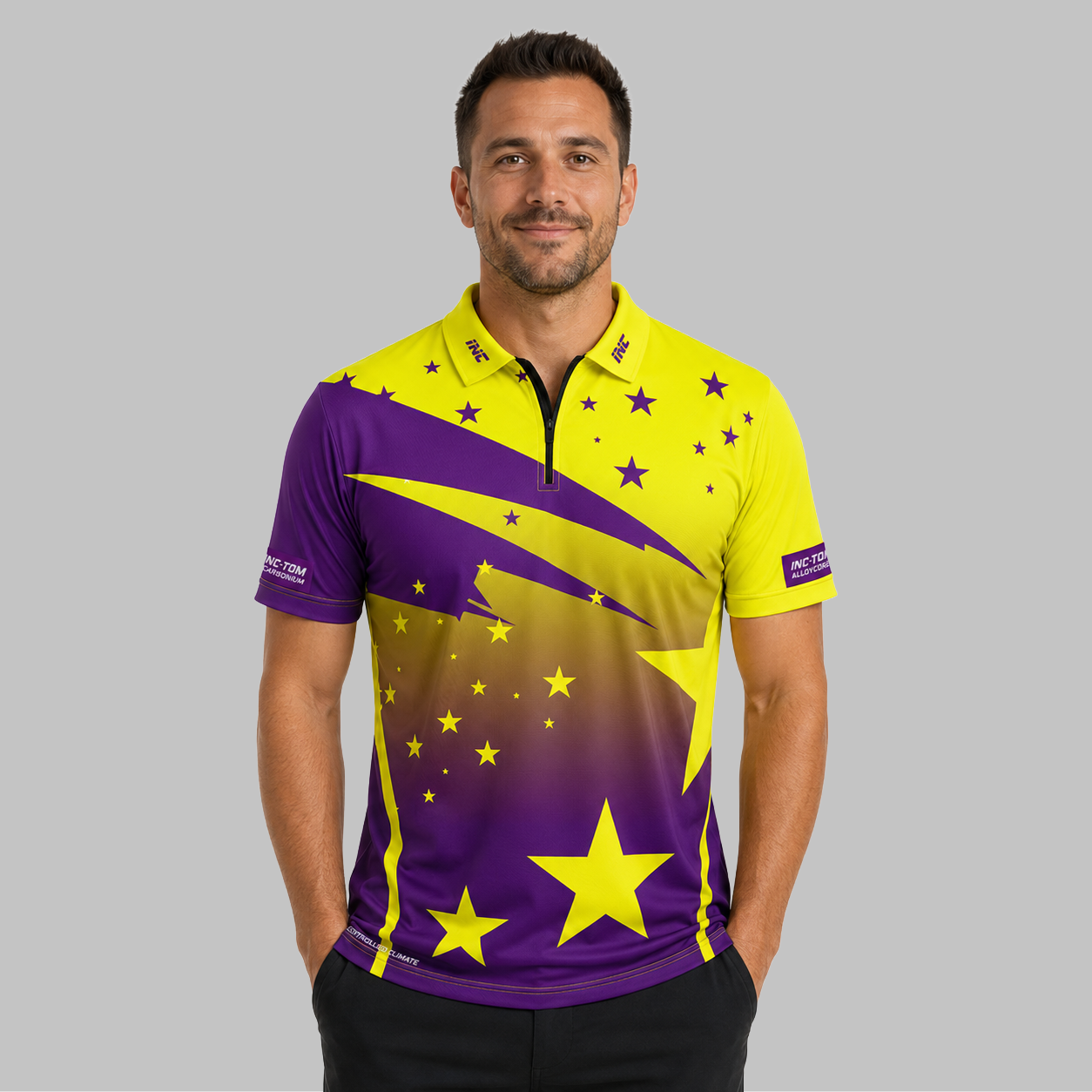 Front view of the Men and Youth Illustris Purple and Yellow Pool Shirt, showing the dynamic athletic panels, professional collar, and vibrant sublimated graphics.