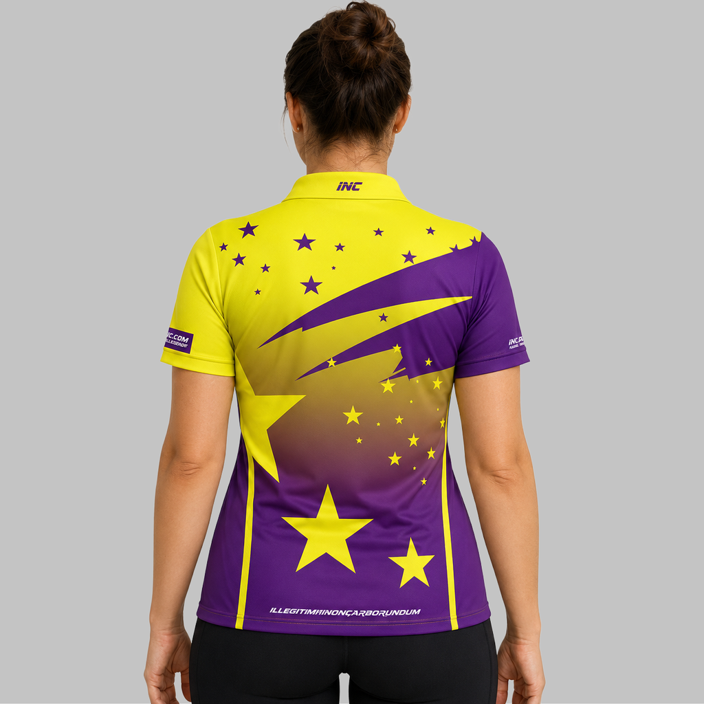 Back view of the Women's Illustris Purple and Yellow Pool Shirt, showcasing the clean silhouette and flexible fabric paneling across the shoulders.