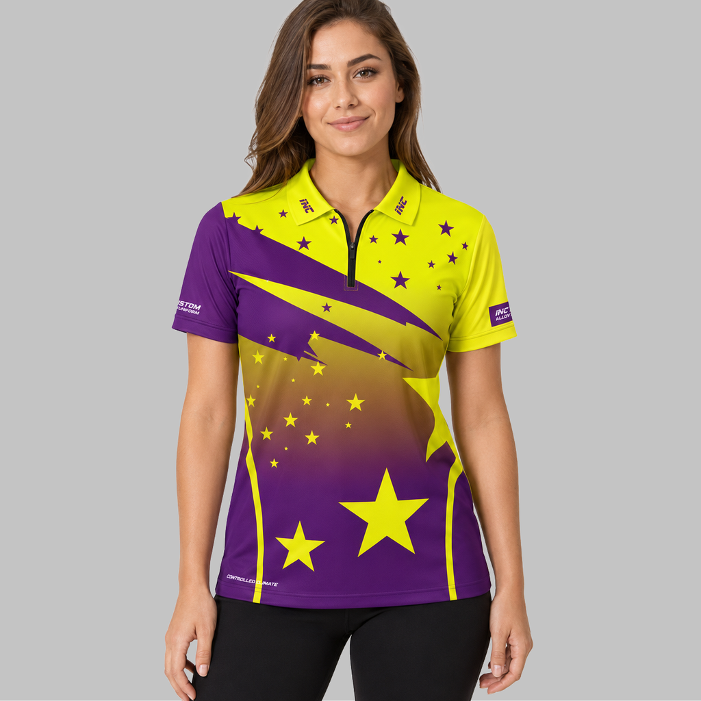 Front view of the Women's Illustris Purple and Yellow Pool Shirt, showing the tailored athletic fit and vibrant sublimated color panels.