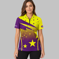 Front view of the Women's Illustris Purple and Yellow Pool Shirt, showing the tailored athletic fit and vibrant sublimated color panels.
