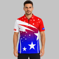 Front view of the Men and Youth Illustris Red, White and Blue Pool Shirt, showing the dynamic athletic panels, professional collar, and vibrant sublimated graphics.