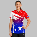 Front view of the Women's Illustris Red, White and Blue Pool Shirt, showing the tailored athletic fit and vibrant sublimated color panels.