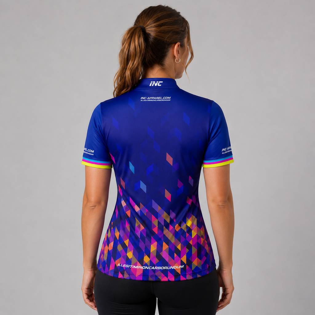 Back view of the Womens Infinita darts pool shirt, showing the continuation of the sublimated blue rainbow pixel pattern across the back.